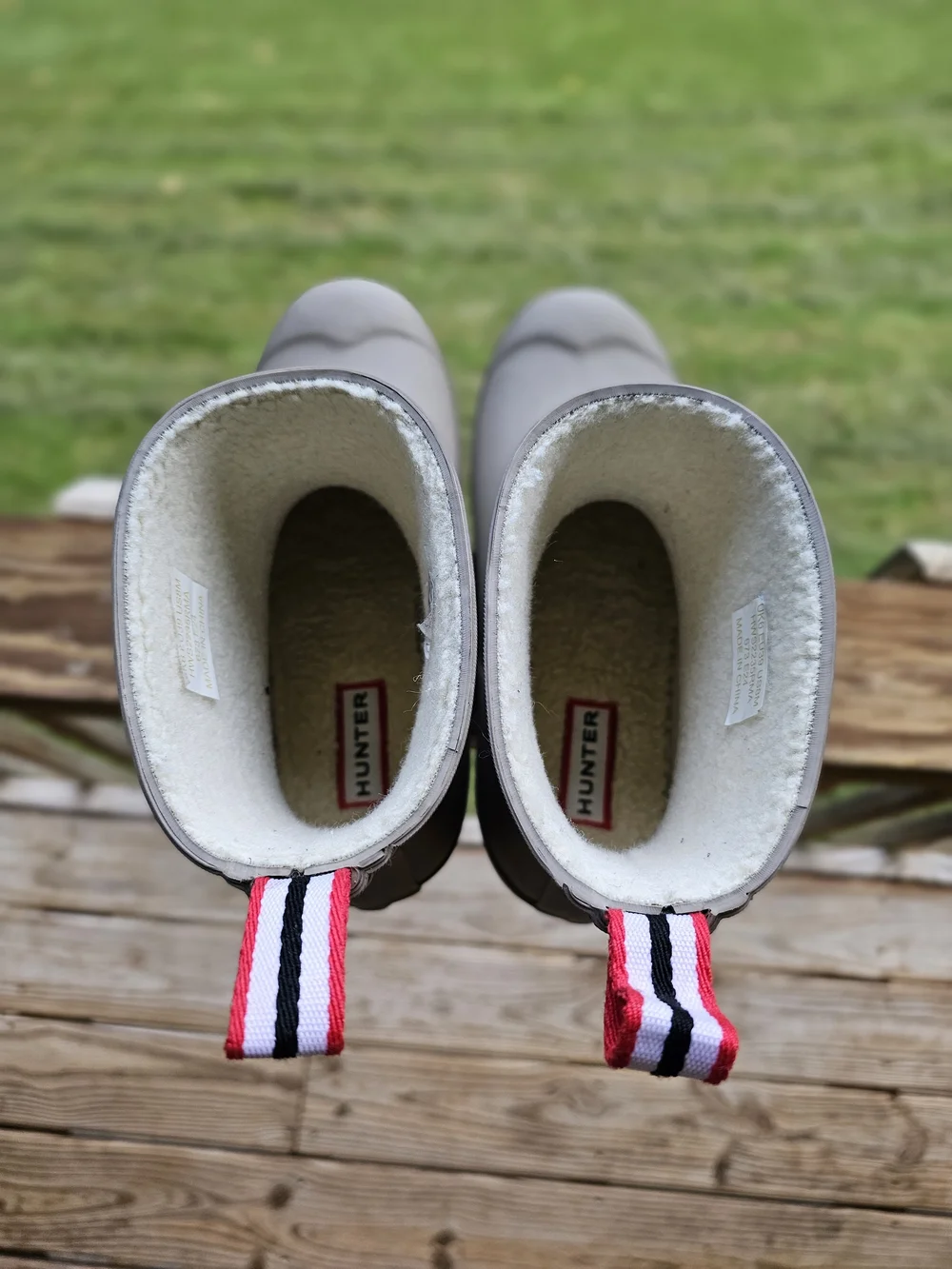 Hunter Short Rain Boots in Taupe with Red-White-Navy Pull Tabs